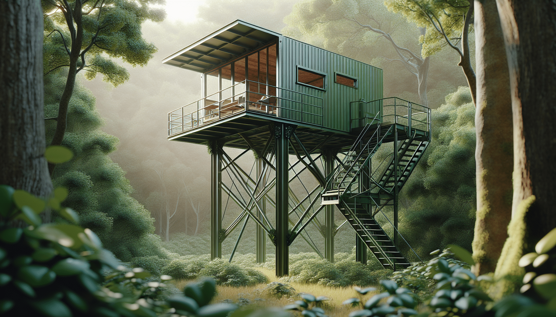 A hyper-realistic illustration of a well-structured, elevated box blind kit. The scene unfolds in a lush green forest with the elevated box blind majestically perched on sturdy legs amidst foliage. The design of the box blind is efficient and smart - a utilitarian exterior paint job blends seamlessly with the surroundings while the strut-supported roof stands proudly above. The elevated set up showcases a staircase leading up to the box. Internally, the box is spacious and designed for comfort with wide windows for unobstructed view. There are no people, text, or brand logos in this depiction.