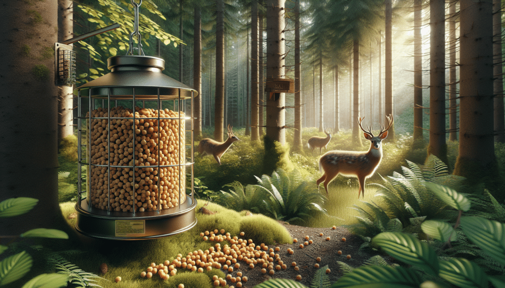 A hyper-realistic image highlighting the concept of high-quality protein pellets ideal for deer feeders. The focal point of the image is a feeder filled with golden-brown protein pellets, situated in an ambient forest backdrop. Surrounding the feeder, deer tracks are noticeable, hinting at recent visits. Sunlight filters through the dense canopy, casting dappled shadows, and enhancing the overall view of the woodland. Noticeable in the scene is a variety of flora native to deer inhabited forests. No text, no people, and no brand names are included in the scene.