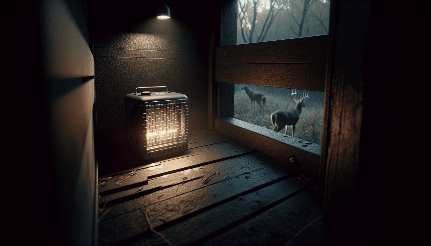 A hyper-realistic image, dimly lit, capturing the interior of a deer blind without any human presence. The focus is on a small, portable, nondescript heater. The heater is subtly giving off heat without creating excessive noise or light. It's placed in a corner to quietly warm the tiny space. Outside the deer blind, a couple of deer are seen grazing in the dusk, completely unaware of the heated hide-out. The heater and the deer blind are detailed but have no brand names or logos.