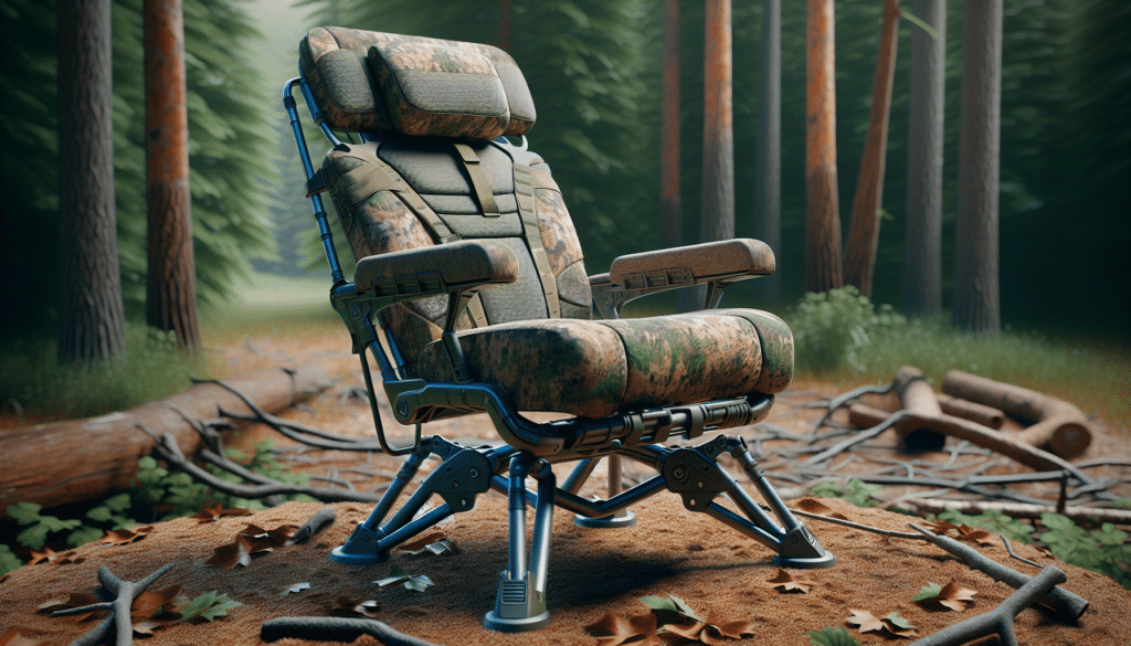 A hyper-realistic image of the perfect chair for sitting in a ground blind for extended periods. The chair is designed for comfort and functionality in the wilderness. It has thick padding on the seat and backrest for ideal comfort, in addition to adjustable armrests and a camouflaged pattern to blend in with nature. The chair's sturdy metal legs provide stability, while the rotating seat allows for all-around viewing. The chair rests on a terrain scattered with fallen leaves and twigs in a forest environment, but no people or brands are visible in the scene.