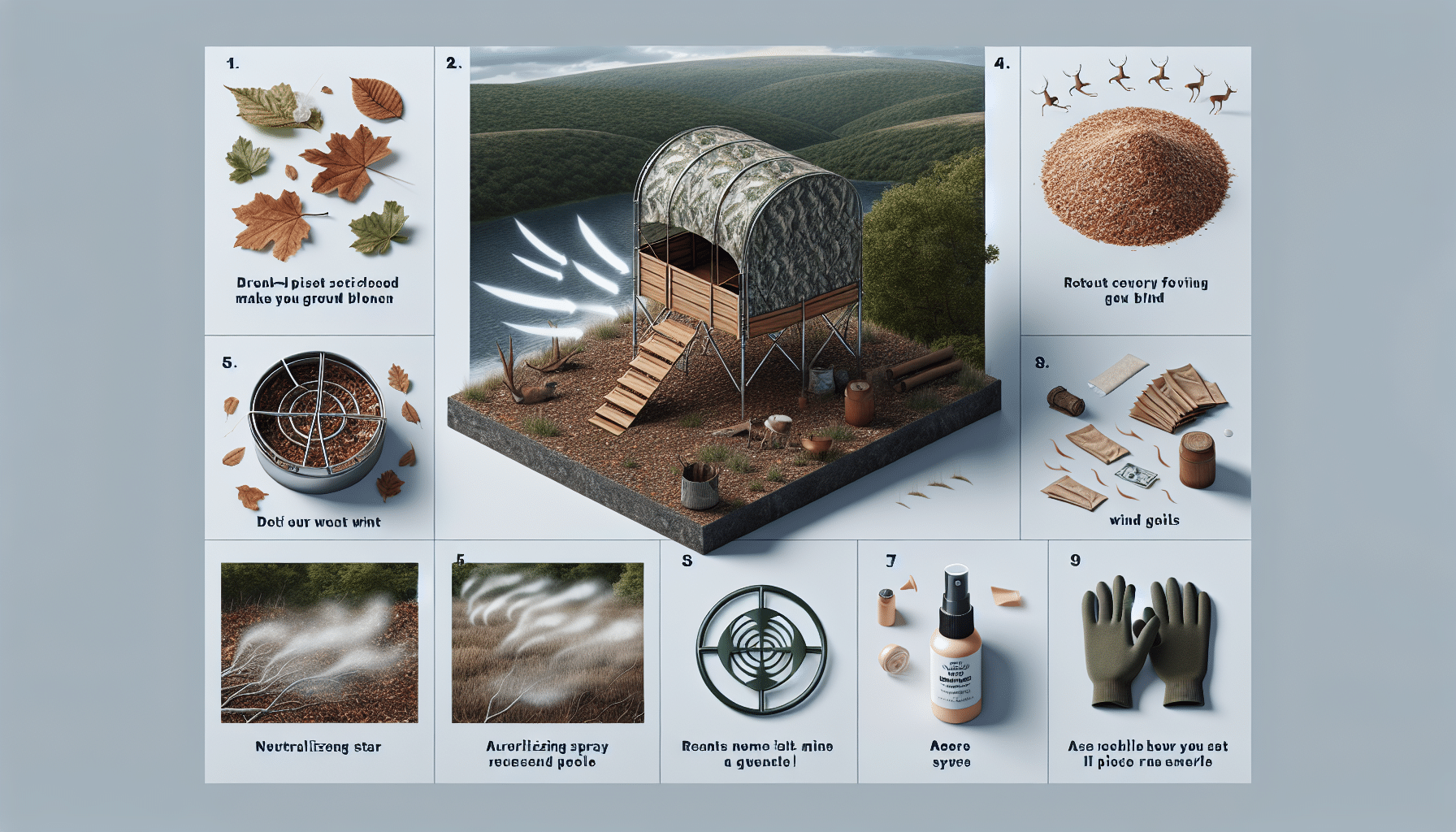 A hyper-realistic image illustrating several steps to make a ground blind scent free without text or people. The first scene shows a ground blind in an outdoor setting. For the next part, renders various natural materials, such as leaves and branches, scattered around the blind. To represent scent removal, visualize an aeration process with wind symbols and free-flowing air over the blind. Lastly, depict items such as a neutralizing spray bottle and gloves carefully placed next to the ground blind but void of brand name or logos.