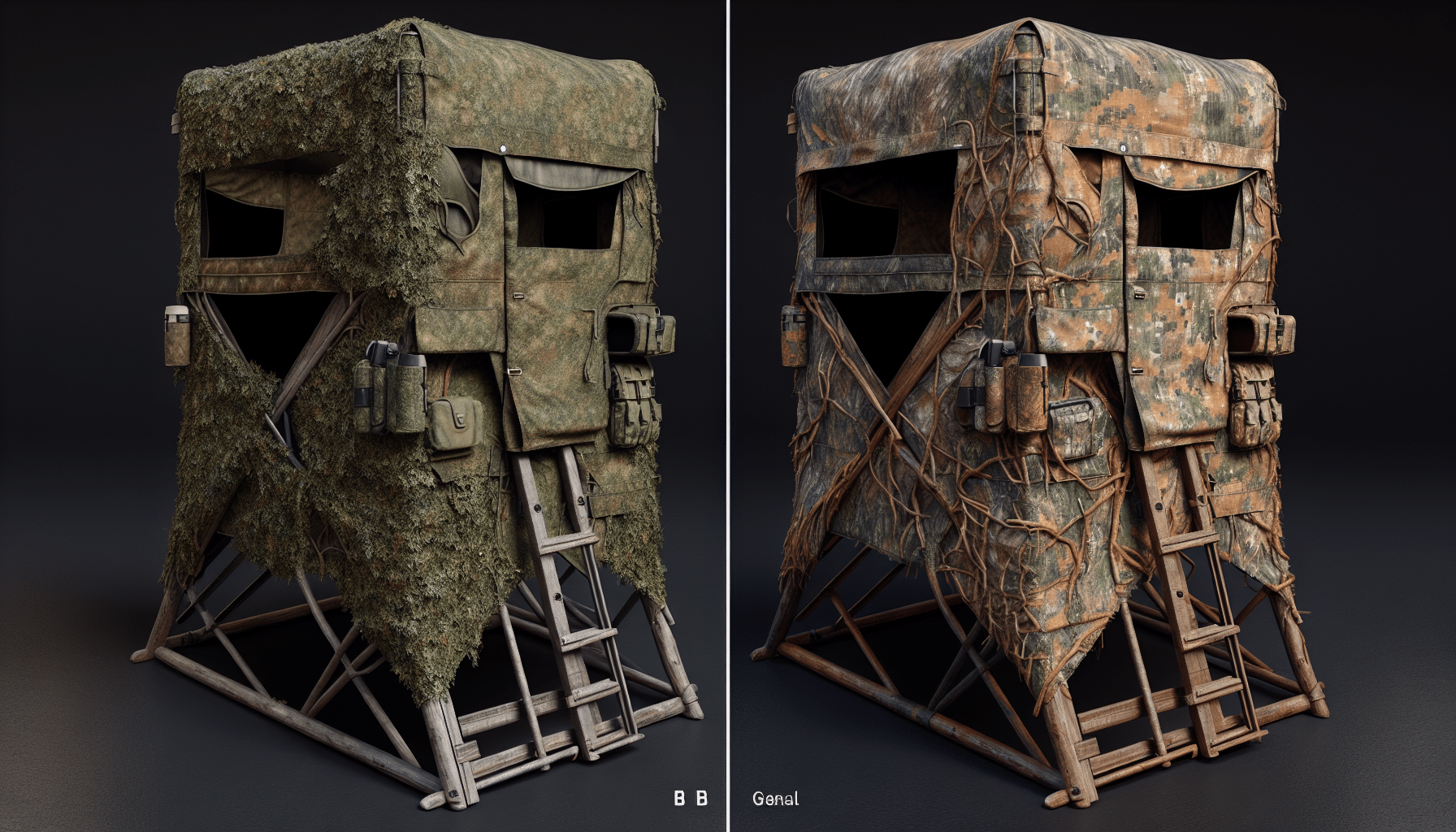 A hyper-realistic side-by-side representation of two hunting blinds. On the left, a variation of a 'muddy' bull box blind which has a robust and durable structure, covered in muddy-colored camouflaging material. While on the right, a generic 'redneck' hunting blind, colored in disparate hues of green and brown to blend with nature. Each item displays the tactical points of vantage they provide. Ensure the image does not contain any humans, text or any brand names and logos.