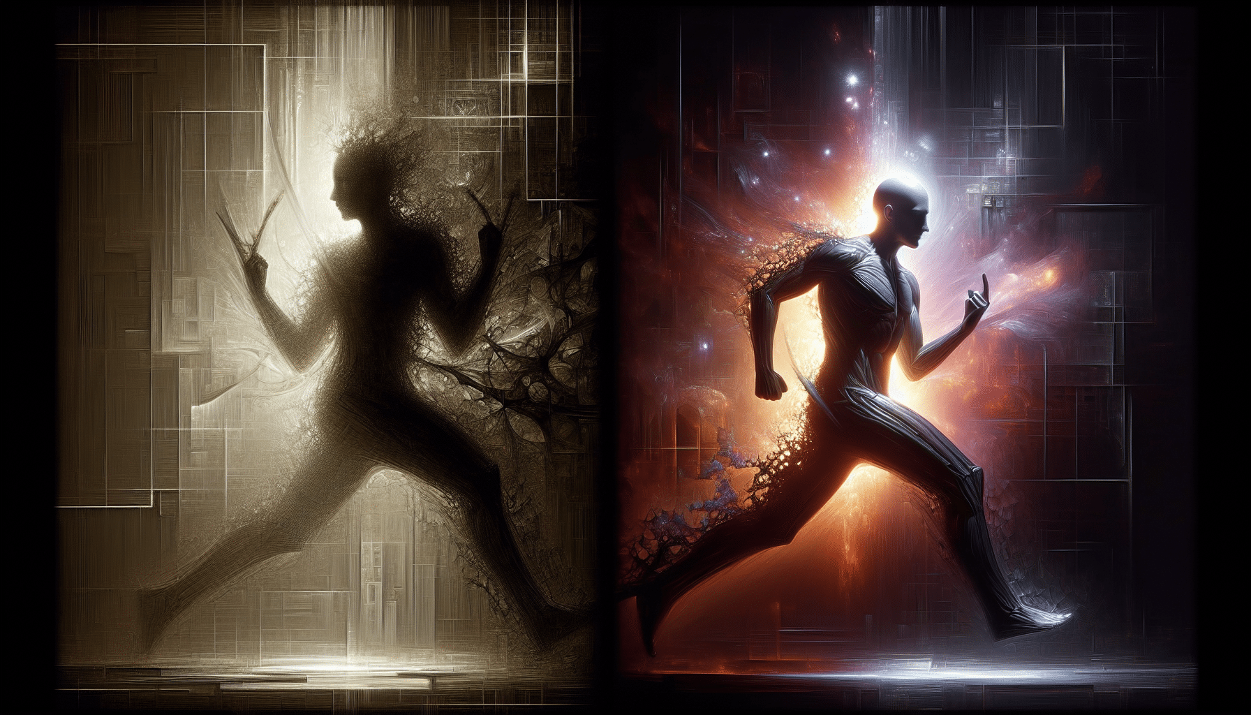 A hyper-realistic image showing two abstracts concepts personifying a 'Shadow Hunter' and a 'Maverick'. On one side of the image, illustrate the Shadow Hunter as a dark, ephemeral figure, a play of light and shadow, with lithe, stealthy characteristics often associated with a hunter. It resides in an area that is somewhat shrouded in darkness. On the other side, portray the Maverick as a bright, rebellious figure, starkly set against the shadows, championing individuality. It is shown in a more illuminated area of the frame. The comparison should be easily noticeable, with a clear distinction between the two figures and their surrounding environments.