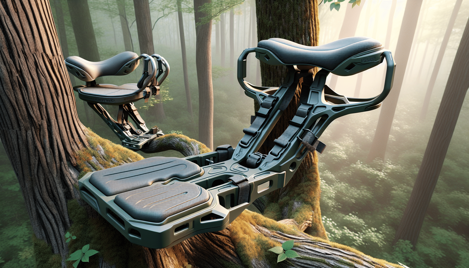 A hyper-realistic depiction of two prominent tree saddle hunting platforms, devoid of any distinguishing brand markings. On one side is a sleek, streamlined platform featuring an angular design with a molded seat, lightweight, with straps and buckles for secure tree attachment. On the other side, a more traditional platform, rounded with a padded cushion for the seat, offering an extra level of comfort. Both platforms are displayed with a backdrop of dense woodland, allowing for the visualization of a real hunting environment. Details such as the tree bark, foliage and the sunlight filtering through the tree canopy are meticulously crafted.