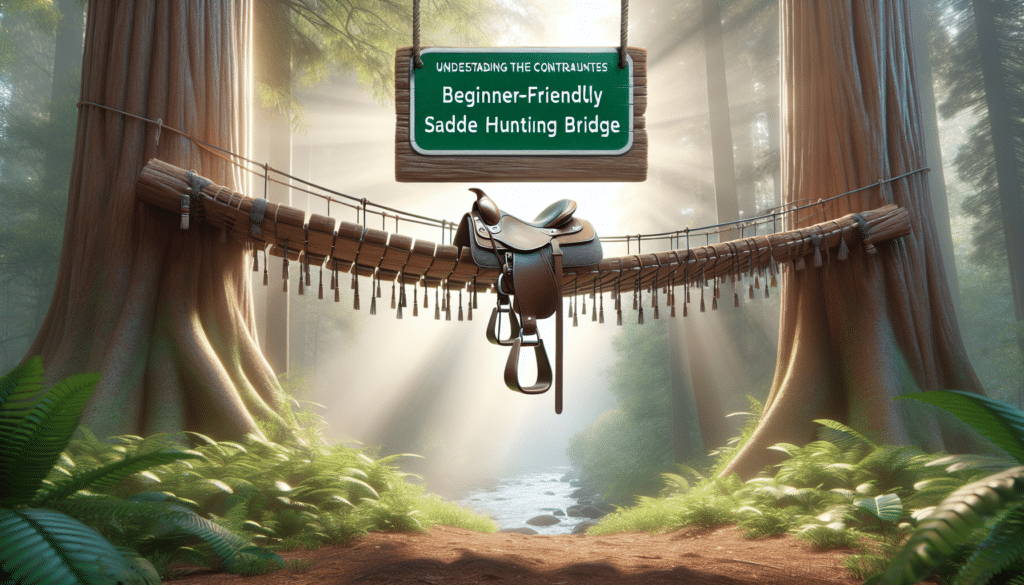 Create a hyper-realistic image of a beginner-friendly saddle hunting bridge. Understanding the constraints, the image should not include text on items, any identifiable brand names, logos, or people. The saddle hunting bridge should consist of components like a lightweight saddle, split attachments for mobility, and a flexible bridge. The image should also feature the associated environment, showcasing the bridge suspended between two sturdy trees, set in a tranquil forest with rays of sunlight breaking through the foliage.