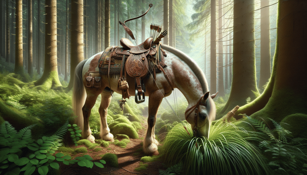 A hyper-realistic image portraying an equestrian scene. In the center, an empty leather saddle with intricate designs rests atop a beautiful, untamed roan horse symbolizing a long day of trekking. On the horse, you notice a hunting gear such as a quiver filled with arrows and a gracefully designed archery bow. The horse is chewing on some long wild grass, providing a serene pause amidst a dense forest with towering, age-old trees. The sunlight pierces through the foliage creating a mosaic of light and shadow on the forest floor. Fresh animal tracks hint at nearby wildlife.