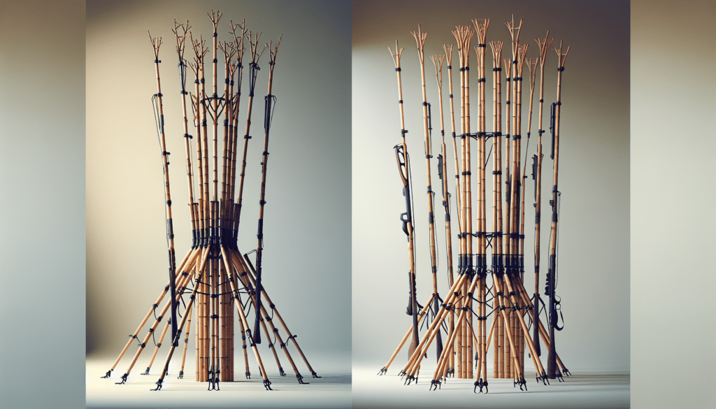 Generate a hyper-realistic image presenting two different types of hunting sticks without any branding or text. One stick is designed for single use, standing tall, its design and construction hinting at its robustness and minimalist approach. The other set of sticks are multiple, suggesting companionship and teamwork, their compelling design illustrative of their excellent grip and climbing benefits. Both sets are showcased in a neutral, outdoor environment, perhaps a dense forest floor, to denote their actual utility. Please ensure no people or animals are included in the image.