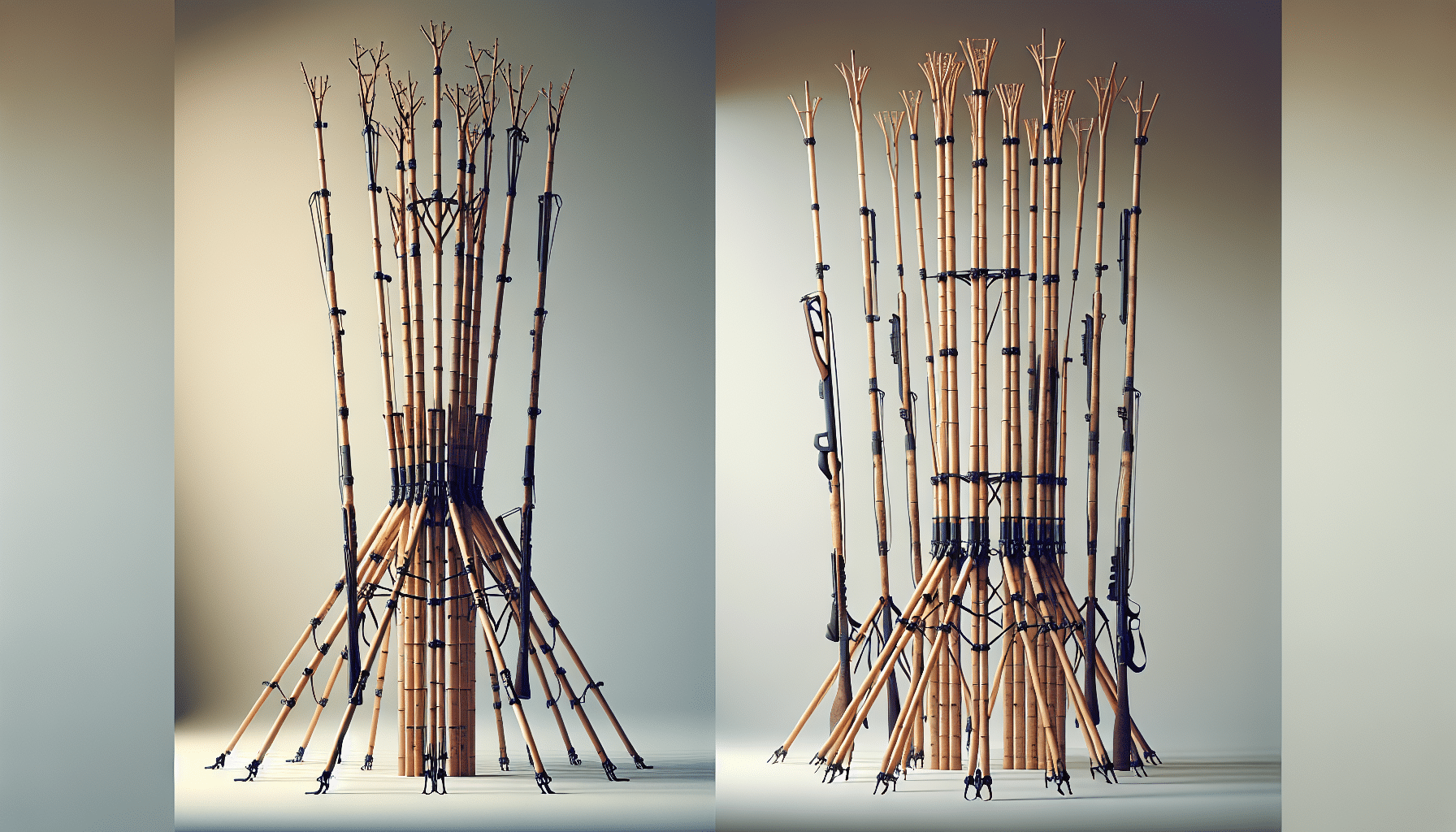Generate a hyper-realistic image presenting two different types of hunting sticks without any branding or text. One stick is designed for single use, standing tall, its design and construction hinting at its robustness and minimalist approach. The other set of sticks are multiple, suggesting companionship and teamwork, their compelling design illustrative of their excellent grip and climbing benefits. Both sets are showcased in a neutral, outdoor environment, perhaps a dense forest floor, to denote their actual utility. Please ensure no people or animals are included in the image.