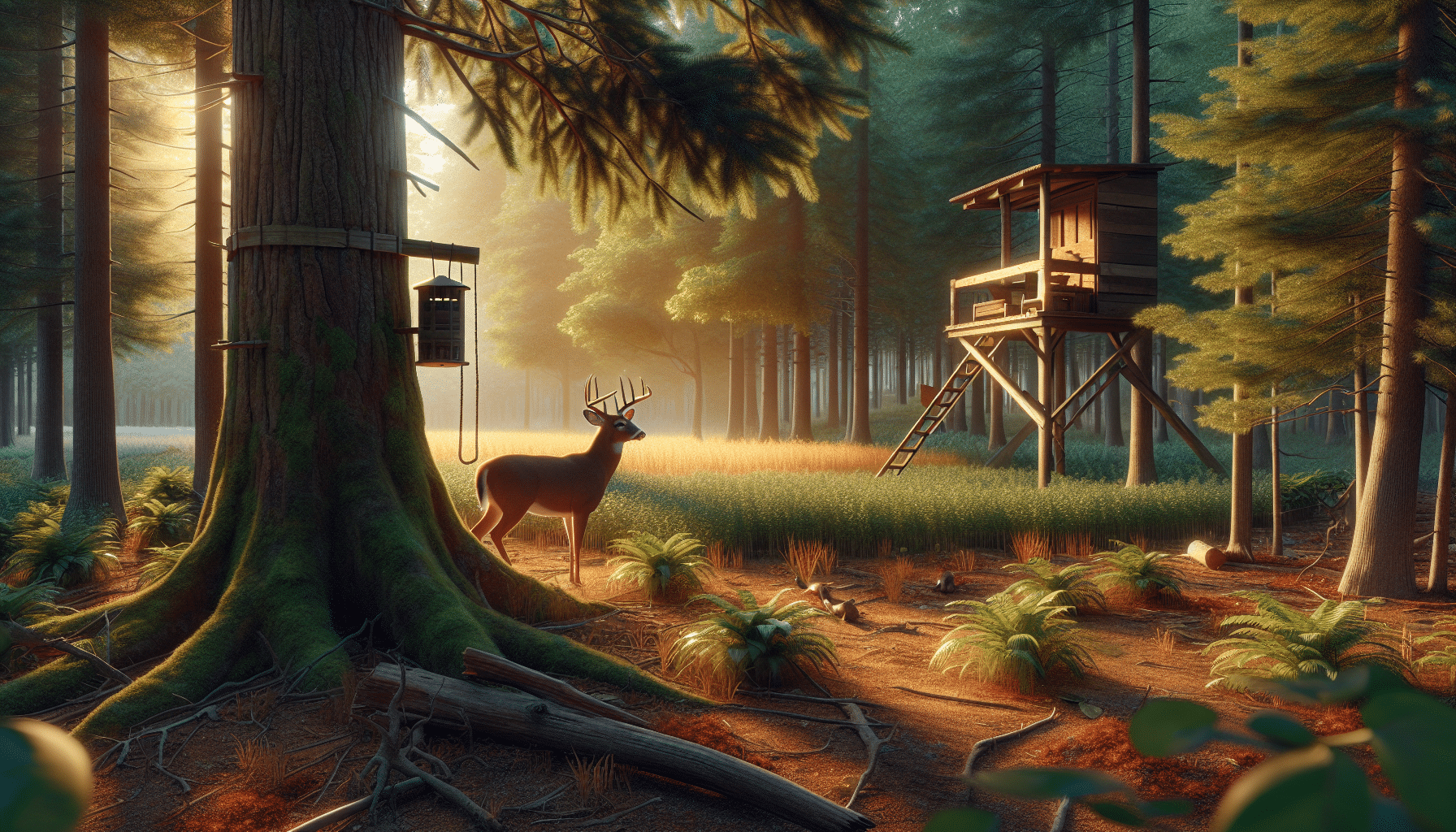 A realistic depiction of a serene forest landscape during the golden hours of dawn. The foreground showcases unmarked items for hunting: a sturdy, functional deer stand nestled among the branches of a tall, broad-leafed tree, and a simple, non-branded deer feeder positioned thoughtfully at a considerable distance away. The area around the feeder teems with activity, as a few curious deer cautiously approach to investigate the feeding area. The colors of the scene are rendered with striking realism, from the rich hues of the earth underfoot to the vibrant verdance of the forest canopy.