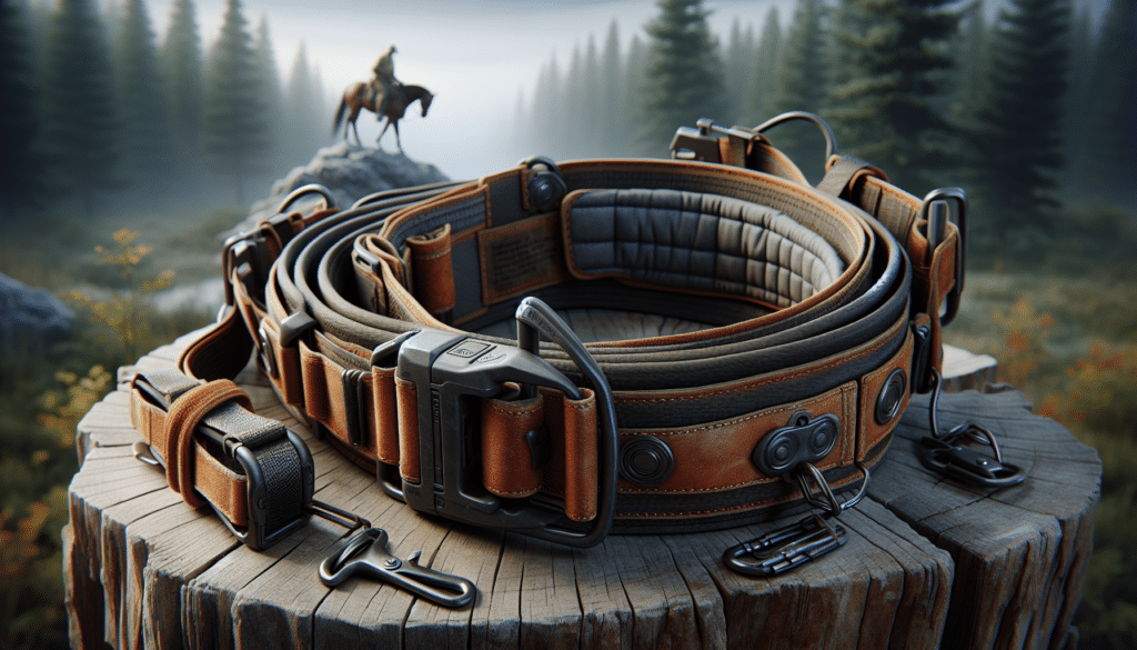 A hyper-realistic image showcasing a lineman's belt designed specifically for safety during saddle hunting. The belt should appear sturdy and well-made, important features like padding for comfort, multiple attachment points for gear, and a secure buckle should be clearly visible. There is no text or brand names on the belt. The scene has a backdrop which should evoke wilderness, perhaps trees or a forest, hinting at the environment where saddle hunting often takes place. There are no humans or animals in the image.