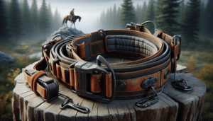 A hyper-realistic image showcasing a lineman's belt designed specifically for safety during saddle hunting. The belt should appear sturdy and well-made, important features like padding for comfort, multiple attachment points for gear, and a secure buckle should be clearly visible. There is no text or brand names on the belt. The scene has a backdrop which should evoke wilderness, perhaps trees or a forest, hinting at the environment where saddle hunting often takes place. There are no humans or animals in the image.
