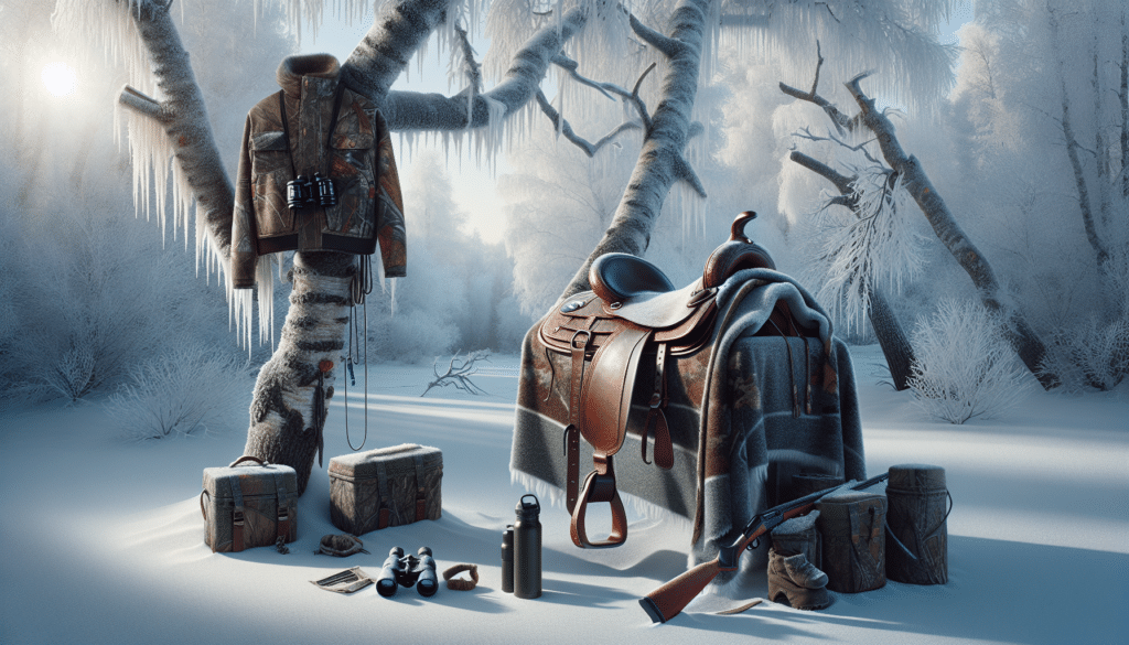 A detailed and hyper-realistic illustration of a scenario related to winter saddle hunting. The composition includes a sturdy hunting saddle draped with a thick, thermal blanket for warmth situated against a backdrop of frosty trees. On the adjacent tree, equipment essential for winter hunting - such as binoculars, camouflage clothing, and insulated food containers - is arranged on hooks. The ground is covered by a thin film of pristine, freshly fallen snow while the soft winter sun barely peeks through the stark branches, casting long, dramatic shadows. The scene is void of human presence, offering a calm, quiet reflection of solitude in the wilderness.