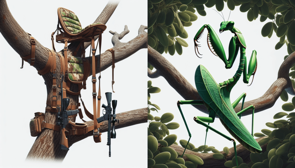 A highly realistic image featuring two, distinct, hunter-style tree saddles. To the left, invent a saddle designed for aerial hunting, with features such as a padded seat, adjustable straps, and metal buckles, hovering above a visible tree branch. Color it in earth tones. To the right, imagine a tree saddle inspired by the praying mantis. Make it green and unique, with an emphasis on comfort, flexibility, and ease of movement, camouflaged within the leaves of another tree branch. Ensure no people, text, or recognizable brands are present in the image.