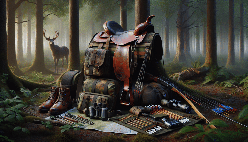A high-definition, hyper-realistic image of an optimal setup for saddle hunting. The focus is on a versatile, unbranded saddle torn between two sturdy trees in a dense forest. Lying next to it is an effective saddle hunting pack, again void of brand logos, filled with essential gear such as a compact bow, an assortment of arrows, a camouflage netting, binoculars, and a map. The image portrays the pack contents organized neatly around it. The surrounding forest flora and fauna are painted in rich detail, setting the perfect backdrop for this saddle hunting scene.