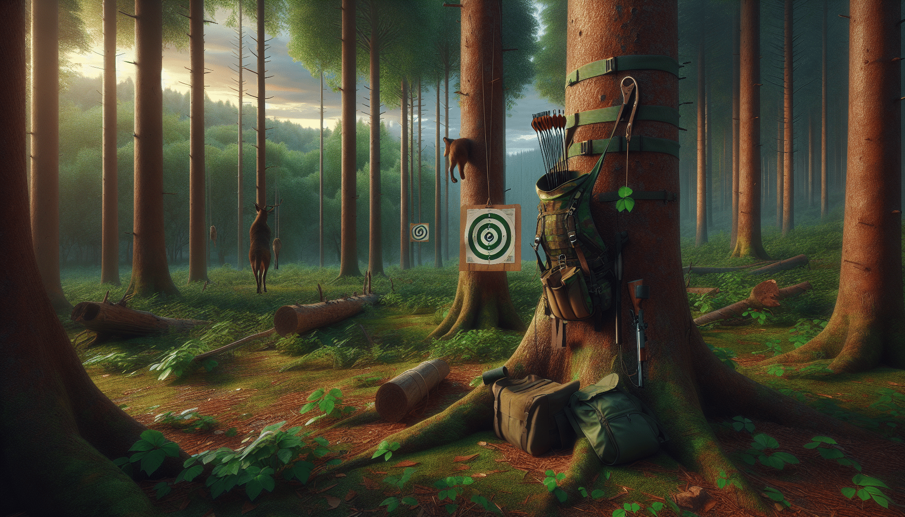 Hyper-realistic imagery depicting a solitary scenario ideal for practicing saddle hunting: This includes a lush green forest, with tall and strong trees suitable for saddle hunting. One of the trees has a rugged saddle hunting gear strapped, with climbing ropes hanging from it, and has a makeshift target hung nearby for practice. The ground is strewn with fallen leaves, indicating a calm and serene environment. The sky is painted in the colours of a late afternoon, adding a warm glow to the scene. This scene suggests that one doesn't need people or advanced hunting gear to practice saddle hunting, just nature and your skillset. No text or brand names are included in the image.