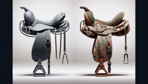 A hyper-realistic image comparison of two types of saddles placed side by side against a blank background. On the left, a rock climbing saddle with distinct features such as a lightweight design, adjustable leg loops, gear loops for equipment, and padded waist. On the right, a hunting saddle showcasing characteristics like a comfortable seat, camo pattern and straps for stabilization and tree attachment.