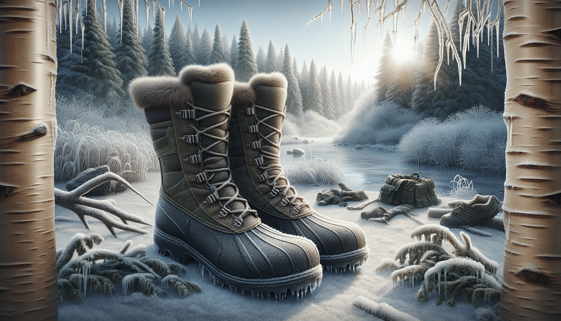 Hyper-realistic image capturing the essential gear for deer hunting in cold weather. The centerpiece of this portrait is a pair of sturdy, well-insulated rubber boots, designed for harsh weather conditions. They sit on a frost-adorned ground, surrounded by a chilling landscape associated with deer hunting: dense snow-laden forest, blanketed fields and frozen streams. A soft morning sunlight pierces through the cloud cover, casting long shadows. Glistening icicles hang from bare tree branches signifying the extreme temperatures. Note: no people, text, or brand names should be included.