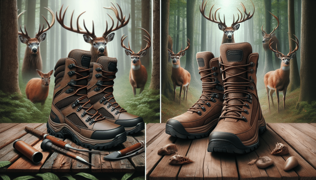 A pair of high-quality, generic waterproof hunting boots on the left, set against a forest background hinting at deer hunting.