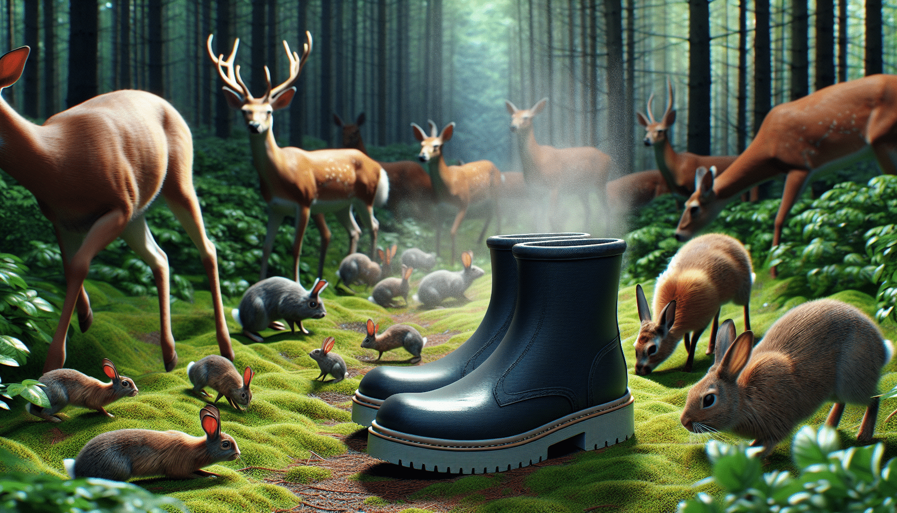 A hyper-realistic image of a pair of brand-less, text-free rubber boots sitting on a lush forest floor, surrounded by various wildlife such as deers and rabbits. The animals cautiously approach the boots, seemingly undeterred by their presence. The scent trail of the boots is visualized as a thin, colorless wisp that dissipates into the air, indicating the absence of a recognizable scent. No human figures, brand names, logos or any form of text are present in the image.