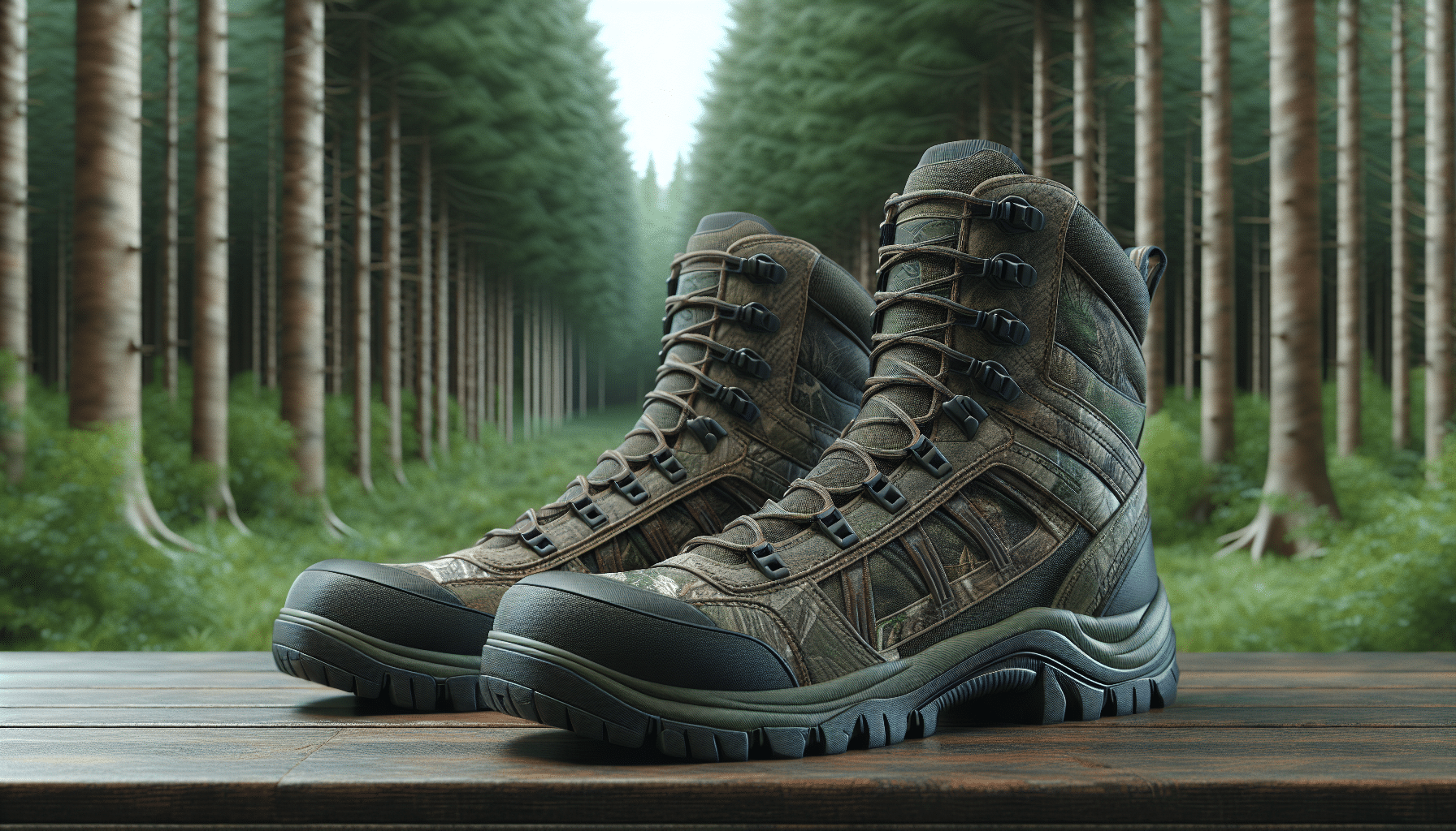A hyper-realistic image displaying a pair of top-quality insulated hunting boots, designed for prolonged standing. They are rugged and robust, made from durable materials capable of withstanding harsh outdoor environments. The boots are situated against a backdrop of dense forest underbrush, suggesting their use in a hunting scenario. Key features to highlight include reinforced soles for traction, a thick insulated lining for warmth, secure lace-up design for comfor and support, and perhaps a camo pattern for stealth. Emphasize the boots' comfort, durability, and practicality without including any text, people, brand names, or logos.