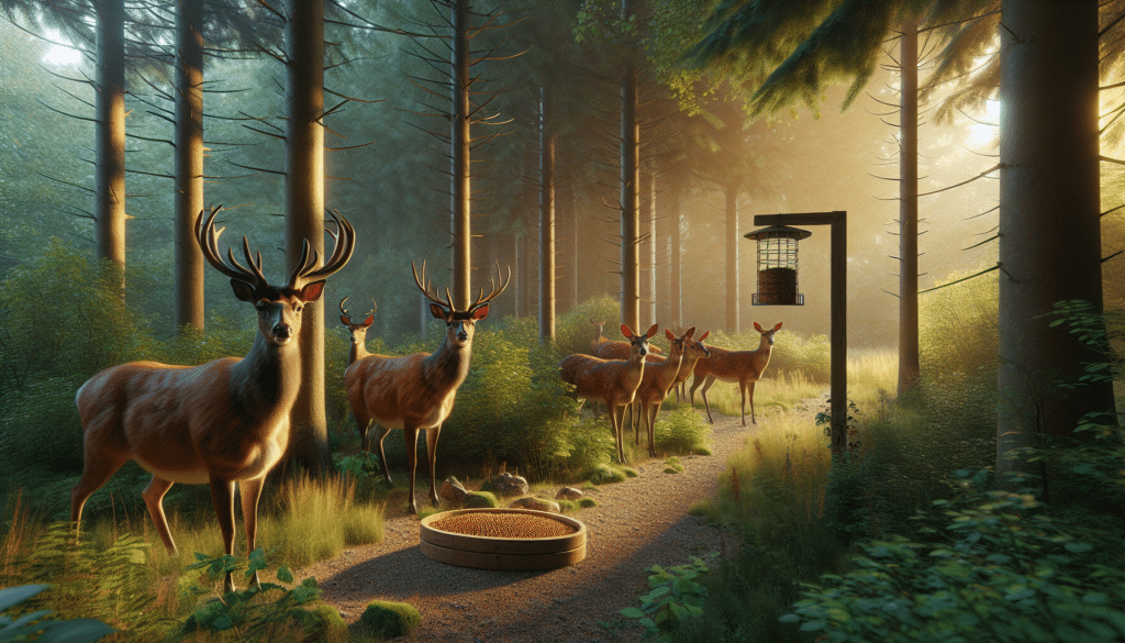 A hyper-realistic image showcasing a serene forest scenery. A few large deer, particularly dominant bucks, stand at the edge of the forest, their heads are slightly lifted up, displaying a slightly cautious look in their eyes. Nearby is a deer feeder, filled with food pellets, situated in the middle of a small clearing. The deer show signs of hesitancy towards it. There's a gentle rustle of leaves in the viewport and sun is gently streaking through trees presenting the golden hues of dusk. No humans, brand logos, or any form of text are included in this image.