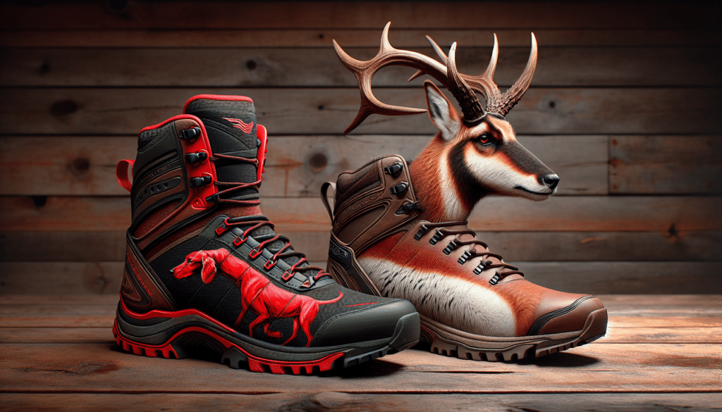The boots are placed side by side on a rustic wooden surface.