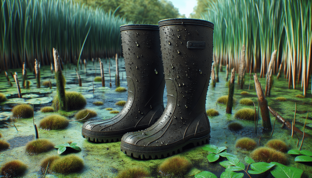 A hyper-realistic image of knee-high rubber boots covered in small droplets of water. They are placed against the backdrop of a marshy swamp terrain, complete with a thick layer of green moss, muddy water, and tall, slender reeds. The boots are well-worn but reliable, showcasing characteristics ideal for swamp hunting such as a treaded sole for grip and swathe of dark, waterproof rubber material. There is an evident lack of any people, text, brand names or logos to maintain focus on the boots and their environment.