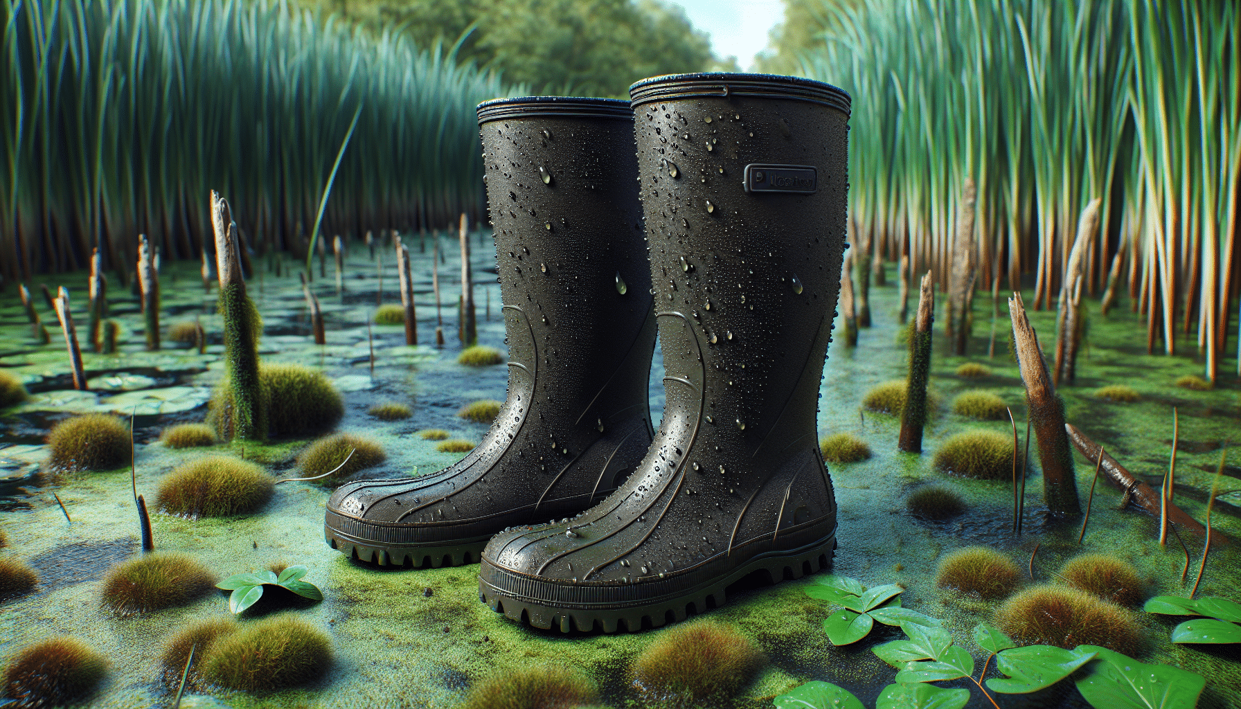 A hyper-realistic image of knee-high rubber boots covered in small droplets of water. They are placed against the backdrop of a marshy swamp terrain, complete with a thick layer of green moss, muddy water, and tall, slender reeds. The boots are well-worn but reliable, showcasing characteristics ideal for swamp hunting such as a treaded sole for grip and swathe of dark, waterproof rubber material. There is an evident lack of any people, text, brand names or logos to maintain focus on the boots and their environment.