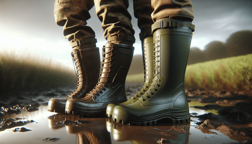Two pairs of rugged rubber boots standing side by side reflecting the light in different ways. The boots on the left look taller, with a more rugged outsole and a space for tightening around the calf, indicating more suited for difficult terrains. The pair on the right looks slightly more lightweight, with smoother lines and flexible upper, suggesting use for more casual sports or lighter outdoor activities. Both pairs of boots are hued in a color palette ranging from olive green to brown. The setting is a muddy terrain with hints of grass in the background, under a cloudy sky. The image embodies a hyper-realistic style, capturing even the subtlest details of the boots and their surroundings.