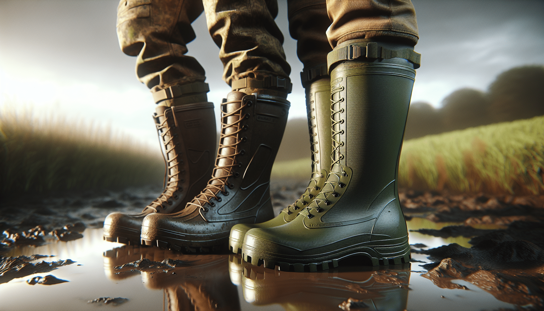 Two pairs of rugged rubber boots standing side by side reflecting the light in different ways. The boots on the left look taller, with a more rugged outsole and a space for tightening around the calf, indicating more suited for difficult terrains. The pair on the right looks slightly more lightweight, with smoother lines and flexible upper, suggesting use for more casual sports or lighter outdoor activities. Both pairs of boots are hued in a color palette ranging from olive green to brown. The setting is a muddy terrain with hints of grass in the background, under a cloudy sky. The image embodies a hyper-realistic style, capturing even the subtlest details of the boots and their surroundings.