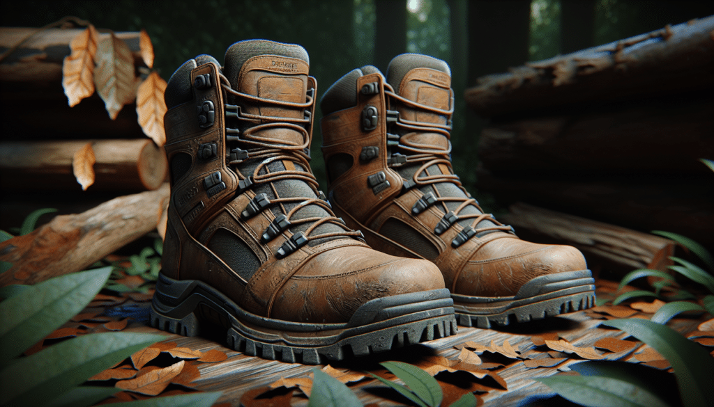 A highly realistic image of a pair of sturdy deer hunting boots, presented in a natural environment. The boots are rugged and designed to withstand harsh weather. While the boots can't be opened to reveal the insulation, the thickness is visually emphasized to imply their insulation capability. There is no visible text or brand logo on the boots or in the image. Leaves and forest debris lends an outdoor, hunting ambiance to the image.