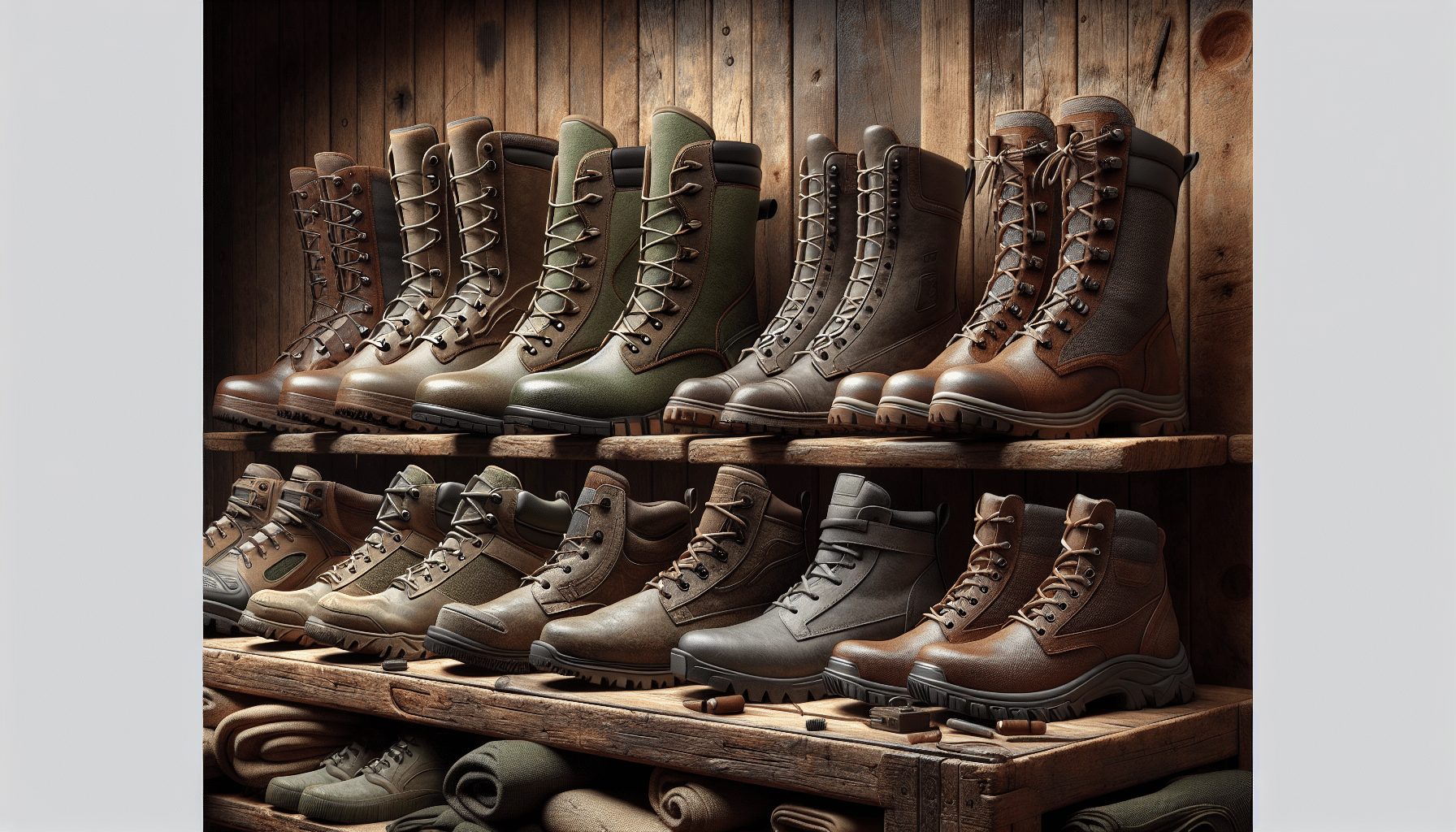 Create a hyper-realistic image dedicated to exhibiting an array of sturdy, high-quality hunting boots especially designed for wide feet. Picture various designs of natural coloured footwear, such as olive green, deep-brown, and subdued gray, displayed on a rough wooden shelf without any people being visible in the scene. Despite the lack of human representation, make sure the boots show tangible signs of superior comfort, durable construction, and water resistance, all beneficial for hunting. The boots should convey stability and robustness, with wide set sizing evidently represented in their structure. Absence of text, logos, and brands are mandatory.