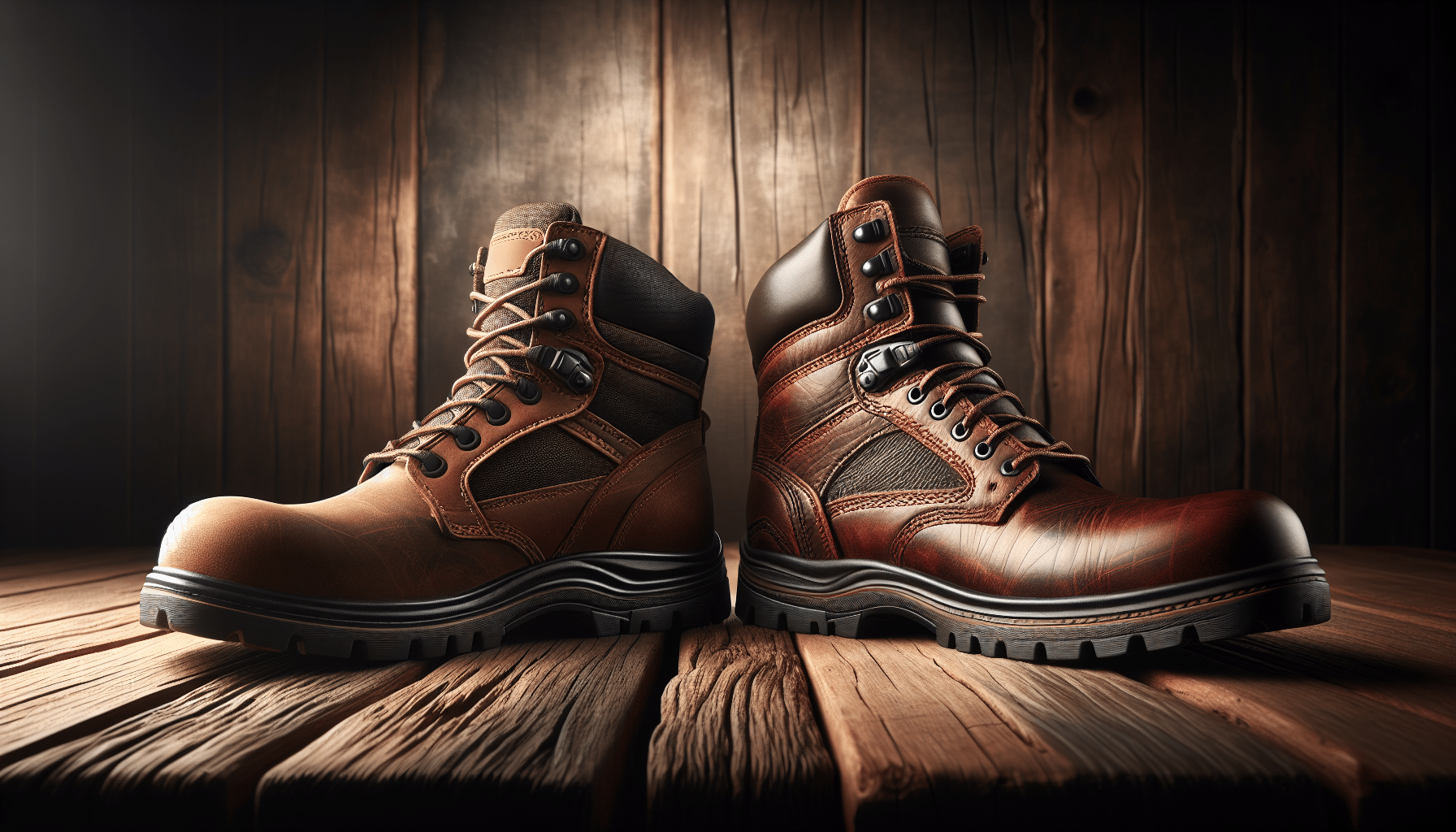 Draw a hyper-realistic and highly detailed image featuring two sets of work boots side by side on a rustic wooden surface. One pair of boots is characterized by robust and sturdy structure with a dark brown leather finish, while the adjacent pair displays a unique, more reddish-brown hue, signifying they are from different brands. The boots are facing towards each other in a confrontational manner, highlighting their durability. Remember not to display any text or brand-related details on the boots. The scene is under dramatic lighting, exuding a sense of competition and comparison, suggesting longevity and endurance.