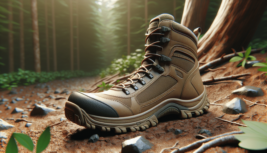 Generate a hyper-realistic image of a lightweight hunting boot, perfect for walking miles. The boot should be depicted on an earthy ground, suggesting the wilderness. It should boast features suitable for long walks, such as a flexible sole, durable materials, and comfortable padding inside. Forest foliage should peek into the scene from the top and sides, implying the boot's use in hunting. However, ensure that there are no indications of brand names, logos, people or text anywhere in the scene.