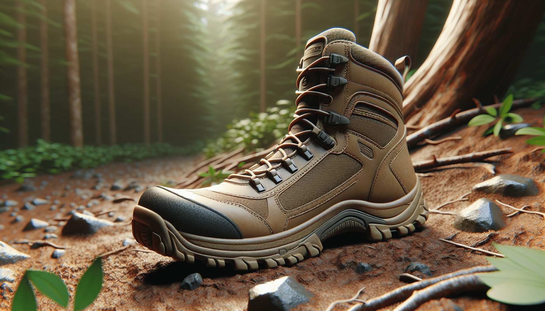 Generate a hyper-realistic image of a lightweight hunting boot, perfect for walking miles. The boot should be depicted on an earthy ground, suggesting the wilderness. It should boast features suitable for long walks, such as a flexible sole, durable materials, and comfortable padding inside. Forest foliage should peek into the scene from the top and sides, implying the boot's use in hunting. However, ensure that there are no indications of brand names, logos, people or text anywhere in the scene.