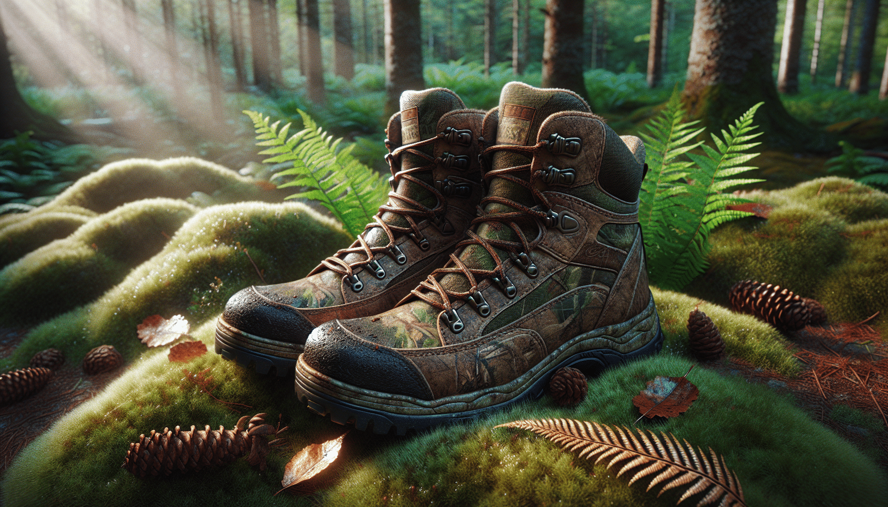 Generate a hyper-realistic image of a pair of new hunting boots in a forest setting. The boots are distinctly rugged with a camouflage pattern and laces tied in a tight knot. They sit on a patch of mossy earth, interspersed with dew-soaked ferns. A gentle beam of sunlight illuminates the boots, highlighting their texture and hinting at their toughness. They are surrounded by forest elements such as fallen leaves and pine cones, subtly suggesting the incoming hunting season. There are no people, text, brand names, or logos present in the scene.