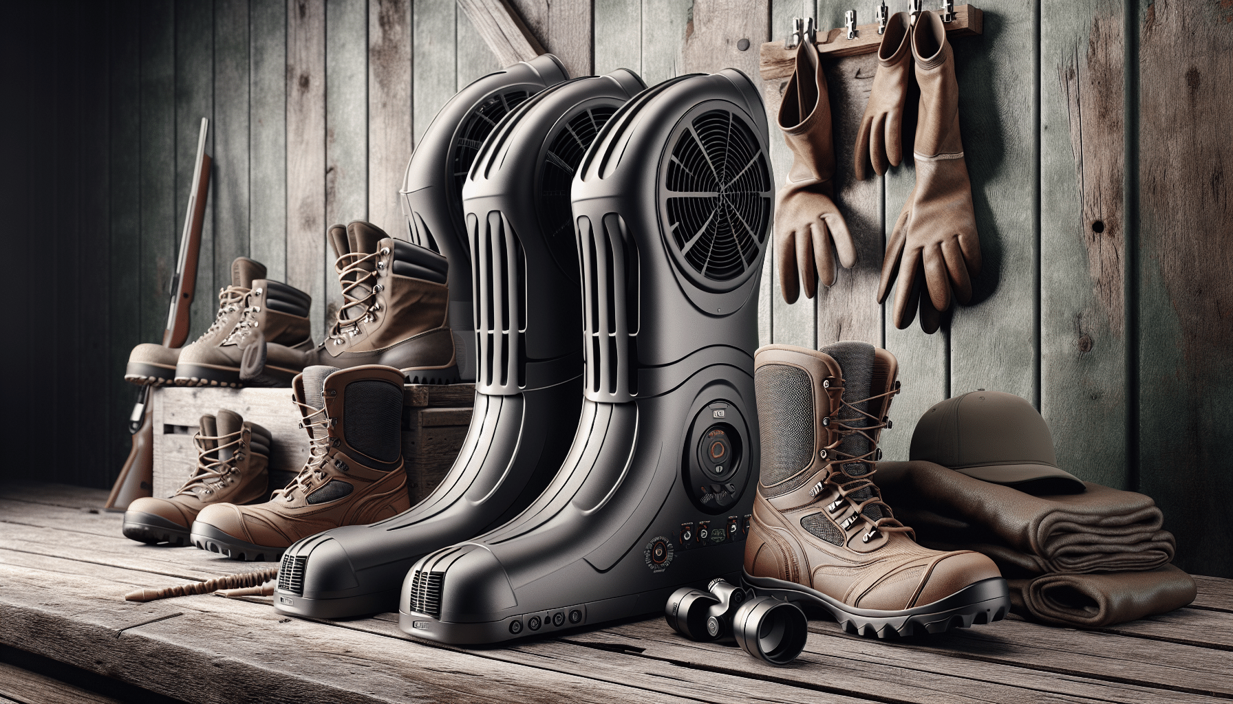 Hyper-realistic image of a stylish yet efficient boot dryer in a rustic setting, suitable for heavy-duty use such as hunting boots. The boot dryer is constructed from high quality, durable materials. It has a robust look under soft, natural lighting. Design features include a rounded body with multiple flexible vents that allow for optimal airflow. It is situated on a rugged wooden floor, with various hunting accessories laid out neatly around it, like a pair of binoculars, a hunting hat, and a folded map. The background is a weathered wooden wall, adding to the hunting cabin atmosphere.