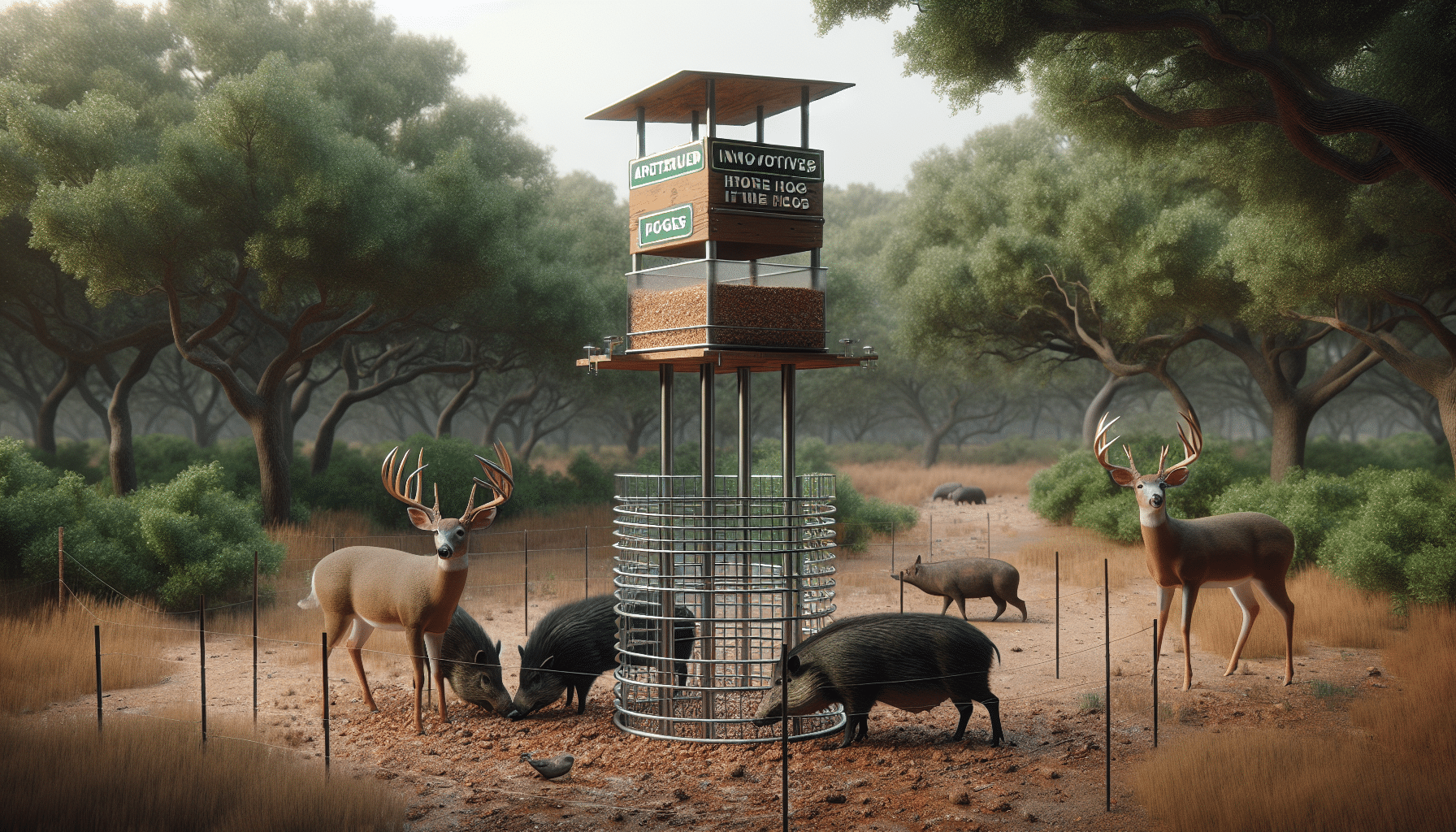 A hyper-realistic scene of a deer feeder located in the Texan landscape with tall trees and bushes around. To prevent hogs from accessing it, innovative solutions are depicted such as the feeder being elevated off the ground, with wide metal bands around the feeder's supporting posts. Close-by, some hogs are shown being deterred by these measures, unable to reach the feeder. A deer is depicted nearby, peacefully eating from the feeder, undisturbed. Ensure there are no humans, text, brand names, or logos in the scene.