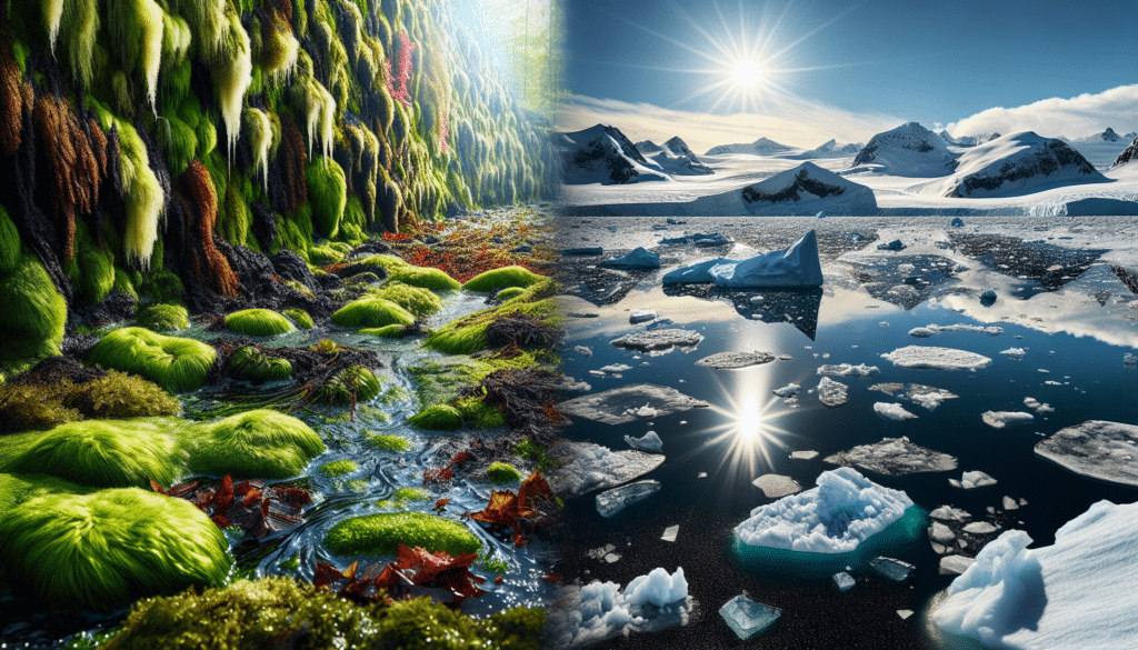A highly realistic image showcasing two contrasting scenes. On one side, a visually vibrant muck wetland teeming with moss, nénuflars, abundant verdant foliage, slimy dark brown soil, and pockets of waterlogged areas reflecting the midday sunlight. On the other side, a mesmerizing arctic landscape characterized by pristine white snow caps, jagged icebergs floating in a tranquil sea, a clear sky with polar sunlight bouncing off every icy surface, and desolate stretches of barren sub-zero tundra.