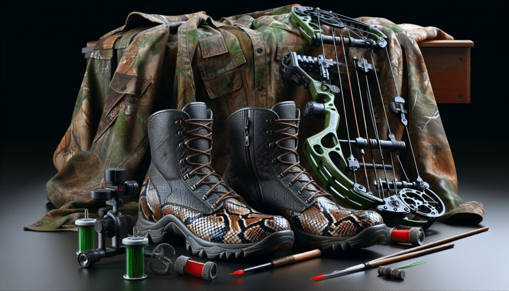 A vivid and highly detailed still-life scene featuring snake boots resting adjacent to deer hunting gear. The boots are shown to be robust and rugged, with scaly patterns mimicking snake skin. They're placed next to a compound bow, a camo-patterned hunting jacket, and a deer-call device. All colors should be vibrant and distinct. Do not include any people, text, brand names, logos. Capture the scene in a hyper-realistic style, with attention to intricate detailing to convey a sense of utmost realism.
