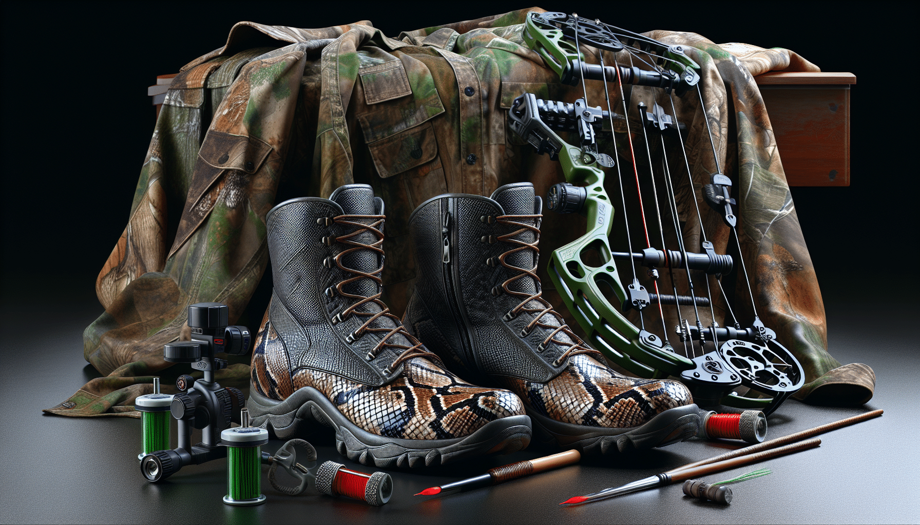A vivid and highly detailed still-life scene featuring snake boots resting adjacent to deer hunting gear. The boots are shown to be robust and rugged, with scaly patterns mimicking snake skin. They're placed next to a compound bow, a camo-patterned hunting jacket, and a deer-call device. All colors should be vibrant and distinct. Do not include any people, text, brand names, logos. Capture the scene in a hyper-realistic style, with attention to intricate detailing to convey a sense of utmost realism.