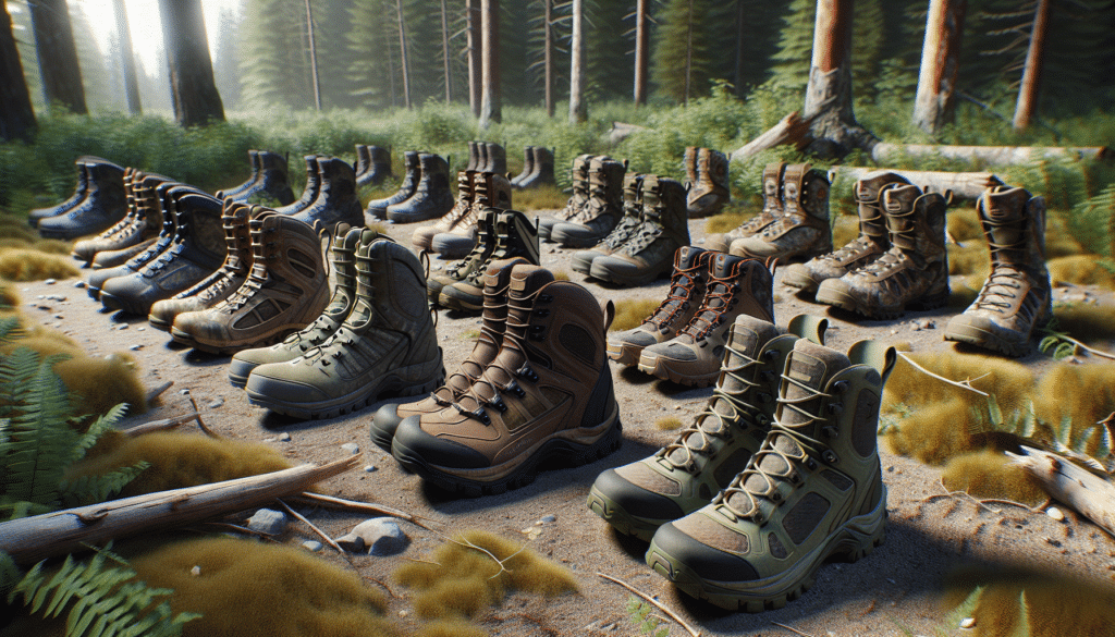 A hyper-realistic scene displaying several pairs of hunting boots let on a natural forest ground. The boots are designed and shaped specifically for people with flat feet, and they are varied in terms of colours as well as design features. They are strategically placed so it suggests they are durable and functional for outdoor use, particularly for hunting. The rugged visibility of the boots displays the robustness. The boots show no identifiable brand markings or tags. The surrounding environment is a dense forest with trees, bushes and dirt, setting a hunting atmosphere. The image does not include any text or people.