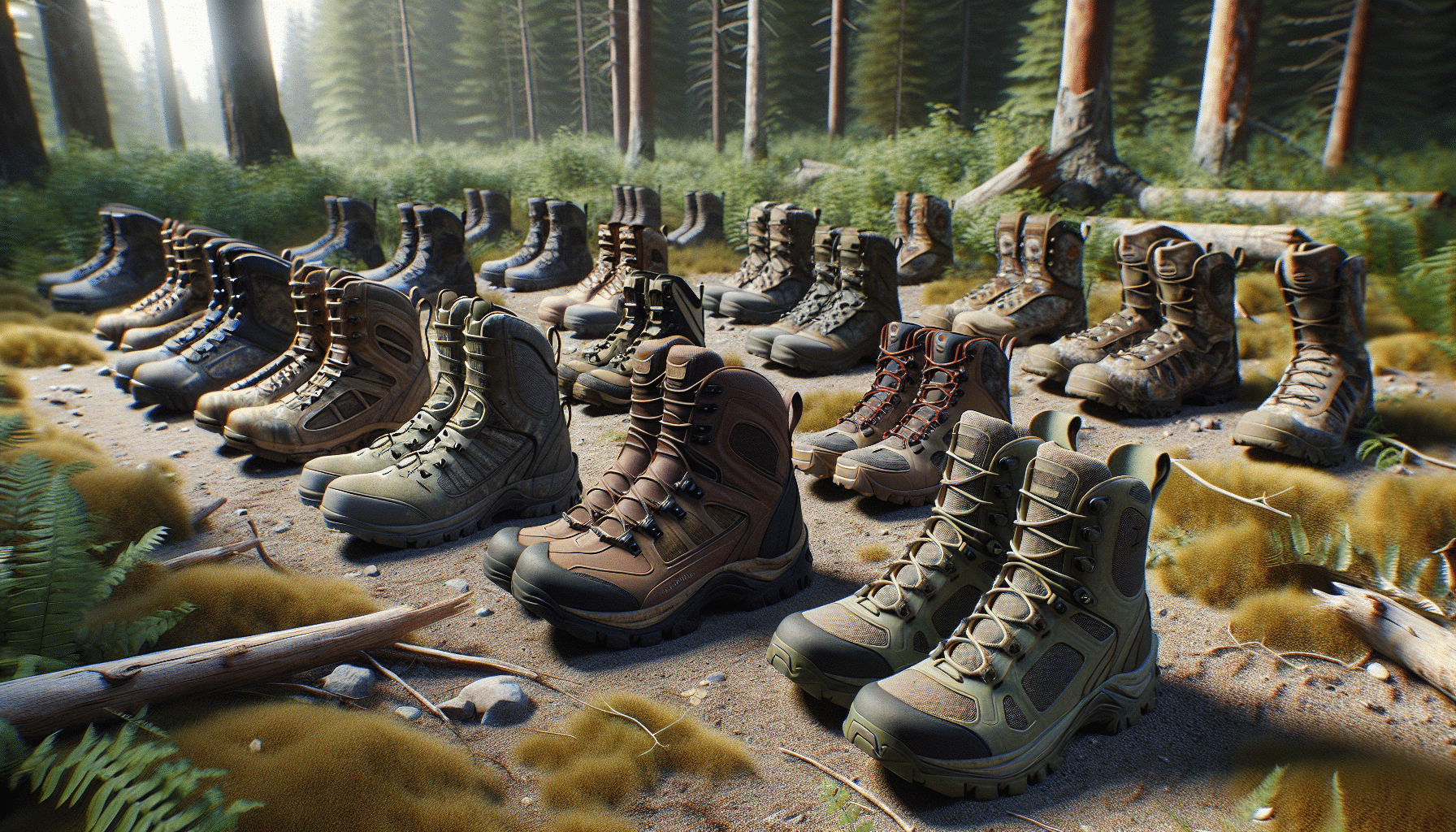 A hyper-realistic scene displaying several pairs of hunting boots let on a natural forest ground. The boots are designed and shaped specifically for people with flat feet, and they are varied in terms of colours as well as design features. They are strategically placed so it suggests they are durable and functional for outdoor use, particularly for hunting. The rugged visibility of the boots displays the robustness. The boots show no identifiable brand markings or tags. The surrounding environment is a dense forest with trees, bushes and dirt, setting a hunting atmosphere. The image does not include any text or people.