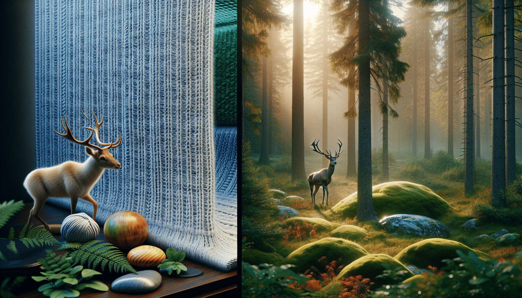 A hyper-realistic scene showing a comparison of merino wool and synthetic base layers for deer hunting. On the left-hand side, an intricately woven merino wool base layer is placed in a serene forest setting, with its natural fibers highlighting its potential for warmth and breathability. On the right-hand side, a synthetic base layer is set against the backdrop of the same forest, its smooth texture reflecting light in a unique way, indicating its durability and water-resistance. Remember, no brands, logos, text, or people should be present in the image.