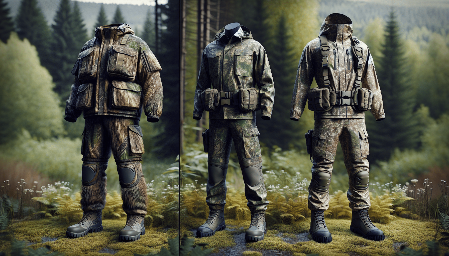 A detailed, hyper-realistic image of two sets of hunting clothes side by side, showcasing the difference in their design and functionality. On the left is a set of clothes designed for heavy weather, it includes a thick camouflaged jacket, sturdy, waterproof pants, and heavy-duty boots. On the right is a lighter set, designed for comfortable movement, comprised of light camouflaged fabric, an adjustable waistband and ventilation zippers, paired with sturdy lightweight boots. They are placed against a woodland background but do not carry any brand markings or text.