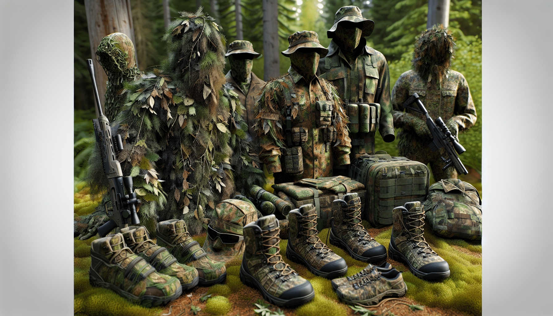 A detailed and hyper-realistic depiction of an assortment of budget-friendly hunting camouflage gear. The collection includes various articles such as a leafy ghillie suit, camouflaged boots, gloves, and a face mask. Each item is impressively realistic, showcasing rugged textures, intricate patterns of muted greens, browns, and blacks, and impressive level of detail. The items are placed in a forest environment, skillfully blending into the verdant foliage and earthy ground, demonstrating their effectiveness. Float the viewer's attention to the high quality and realistic aspect of the items without indicating any specific brand or containing any recognizable logos or text.