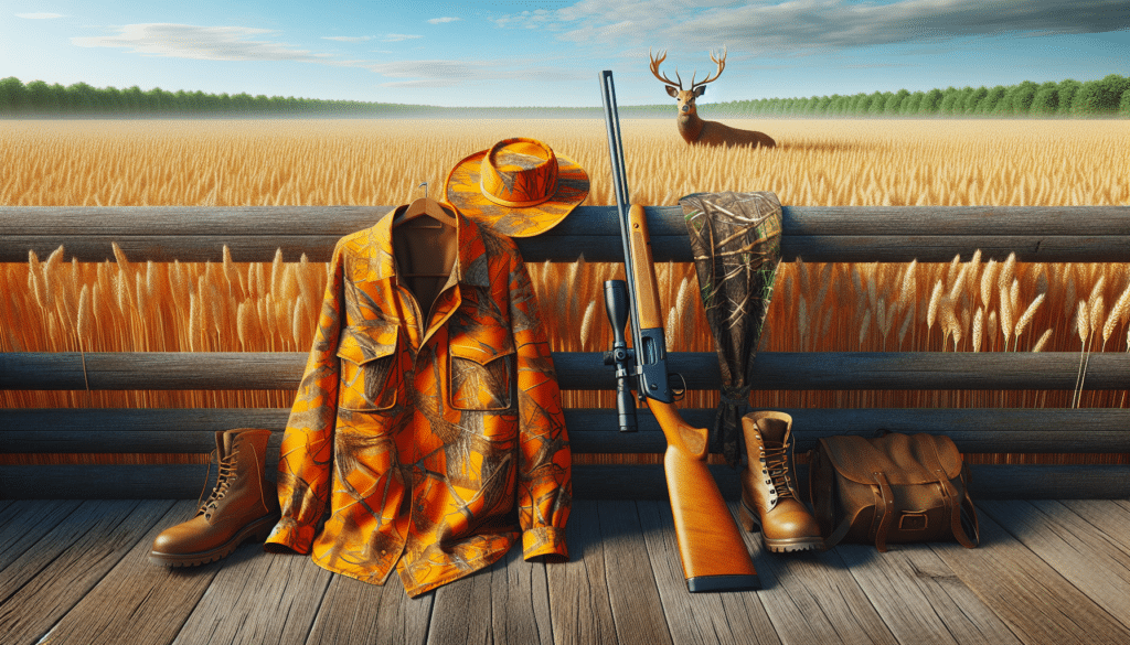 A realistic image in bright and saturated hues. The focus of the image is a field of tall, golden wheat under a pale blue sky. In the foreground, an orange camouflage hunting jacket and a hunting hat are draped over a wooden fence. Lying next to them, a hunting rifle leaning up against the fence. To the right of the fence, a pair of robust leather boots, also in orange camouflage pattern. In the distance, a curious deer is appearing through the dense foliage of a forest edge, barely distinguishable from the environment, emphasizing the effectiveness of the camouflage.