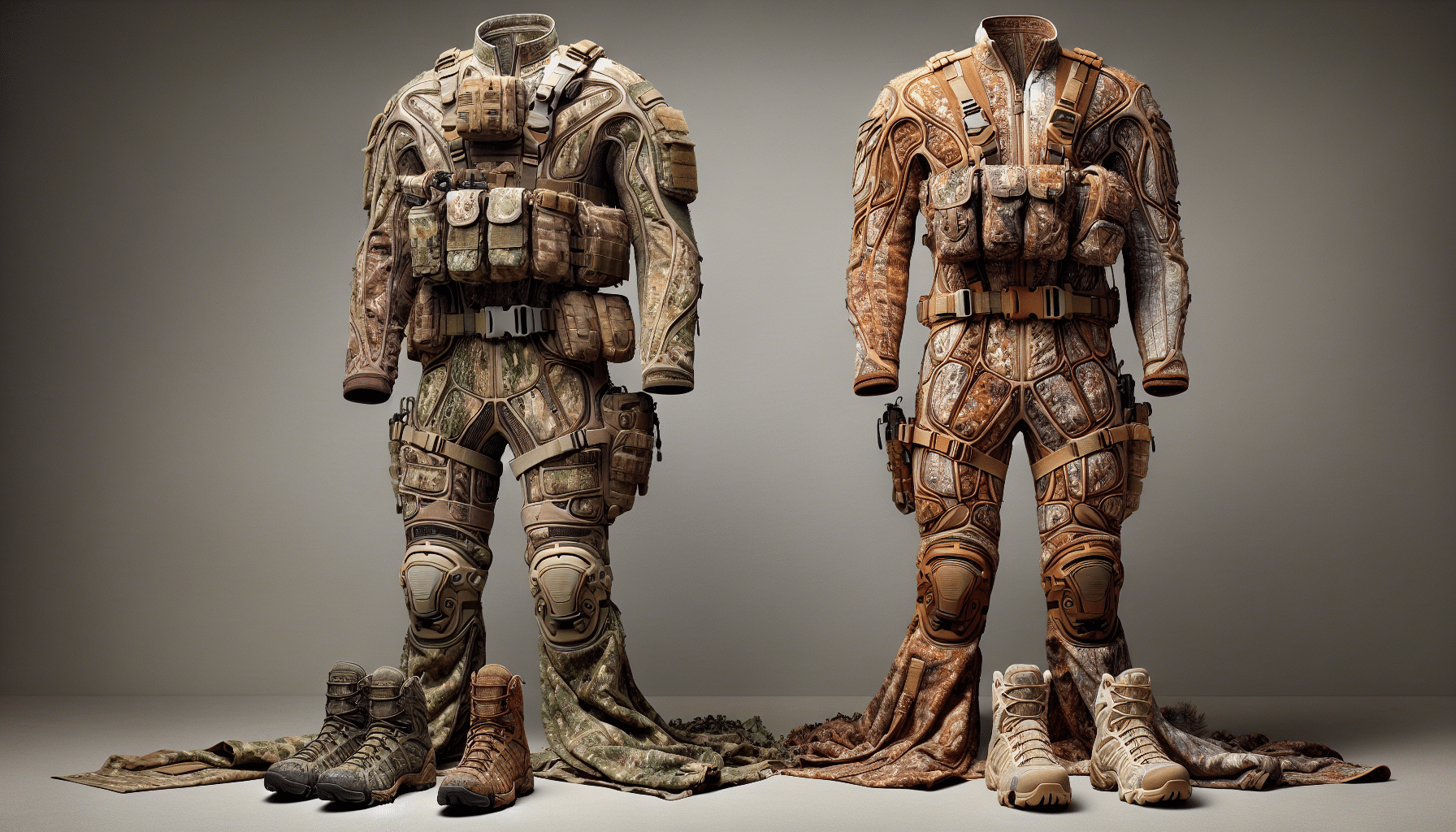 A hyper-realistic representation of two distinct hunting gears laid out side by side for comparison. On the left, depict a set of light, breathable and tactical hunting gear with unique features such as pockets and strategic seams for improved movements. It should be painted in a mix of natural, muted colors for camouflaging in the woods. On the right, display a set of hunting gear which is warm, water-resistant and specially tailored for stationary hunting. It must feature a complex pattern of organic and inorganic shapes for superior concealment. The materials should look high-quality, textured and the stitching detailed. Both gear sets should be placed against a background representing their typical outdoor habitat.
