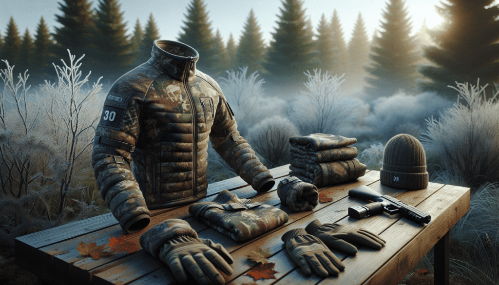 A hyper-realistic image showcasing optimal mid-layer hunting gear for a 30-degree weather scenario. The equipment includes a camouflage pattern thermal jacket with optimized insulation, high-collar neck coverage, long sleeves, and substantial yet comfortable materials. There's also a pair of matching gloves and a beanie for head warmth. All these pieces are carefully arranged on an outdoor setting, perhaps a wooden table against a backdrop of a frosty forest, with fallen leaves scattered around. The morning light subtly emphasizes the effectiveness of the camouflage against the woodland terrain.