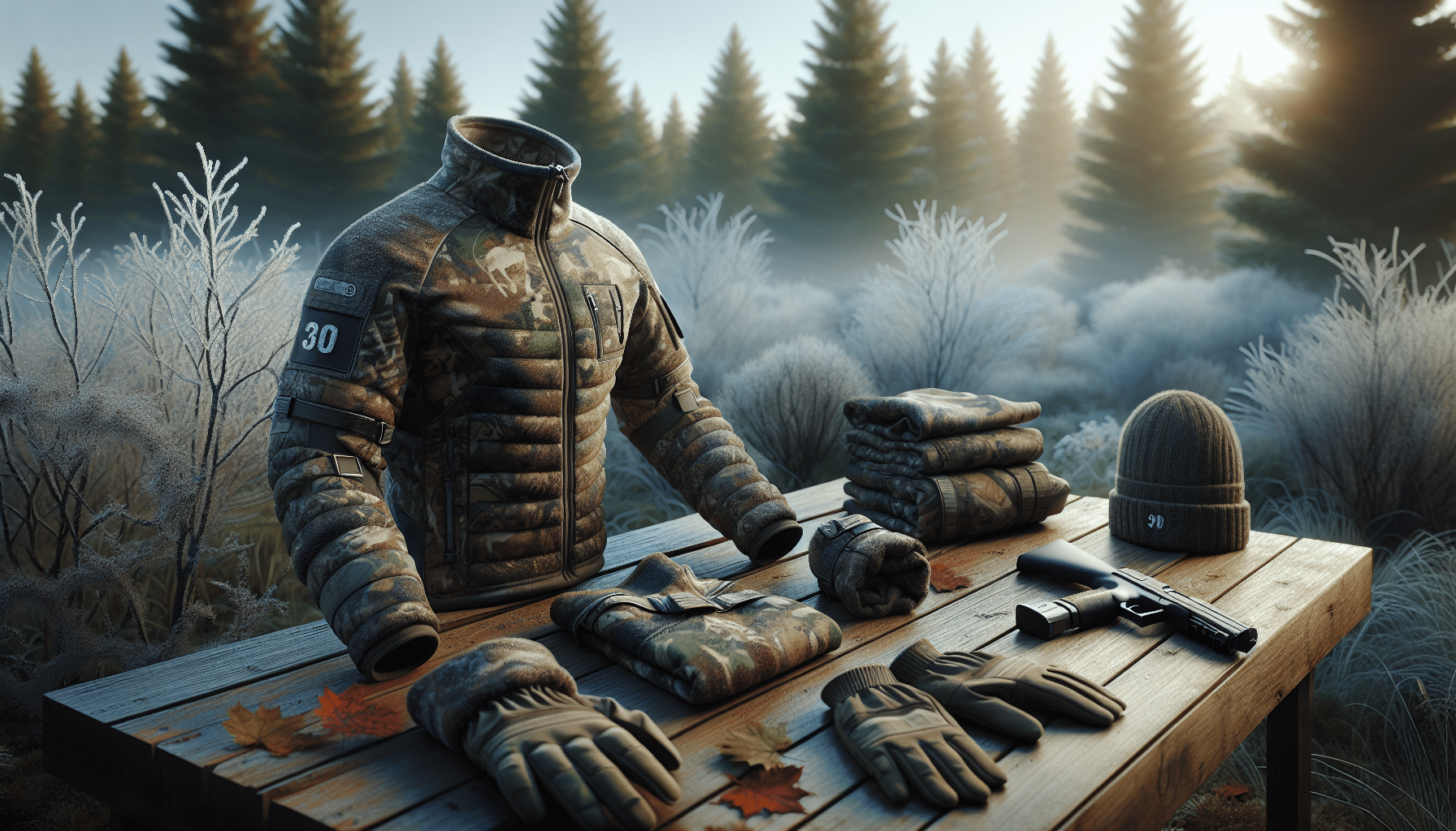 A hyper-realistic image showcasing optimal mid-layer hunting gear for a 30-degree weather scenario. The equipment includes a camouflage pattern thermal jacket with optimized insulation, high-collar neck coverage, long sleeves, and substantial yet comfortable materials. There's also a pair of matching gloves and a beanie for head warmth. All these pieces are carefully arranged on an outdoor setting, perhaps a wooden table against a backdrop of a frosty forest, with fallen leaves scattered around. The morning light subtly emphasizes the effectiveness of the camouflage against the woodland terrain.